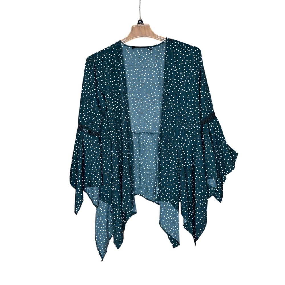 Blu Pepper Sz L Teal Green Lightweight Cardigan Flare Bell Sleeves White Polka D